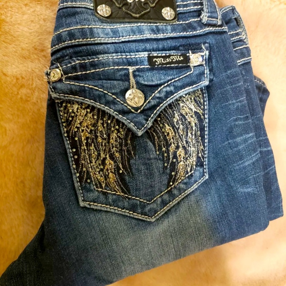 Miss Me Skinny Jeans with Bling Feathers 27